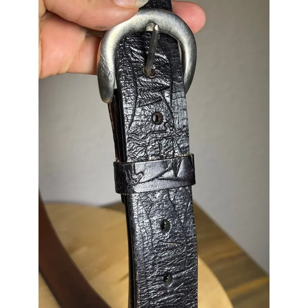 C.L. Genuine Black Silver Tooled/Embossed Belt 100% Pure Leather Art 9900 Sz 54